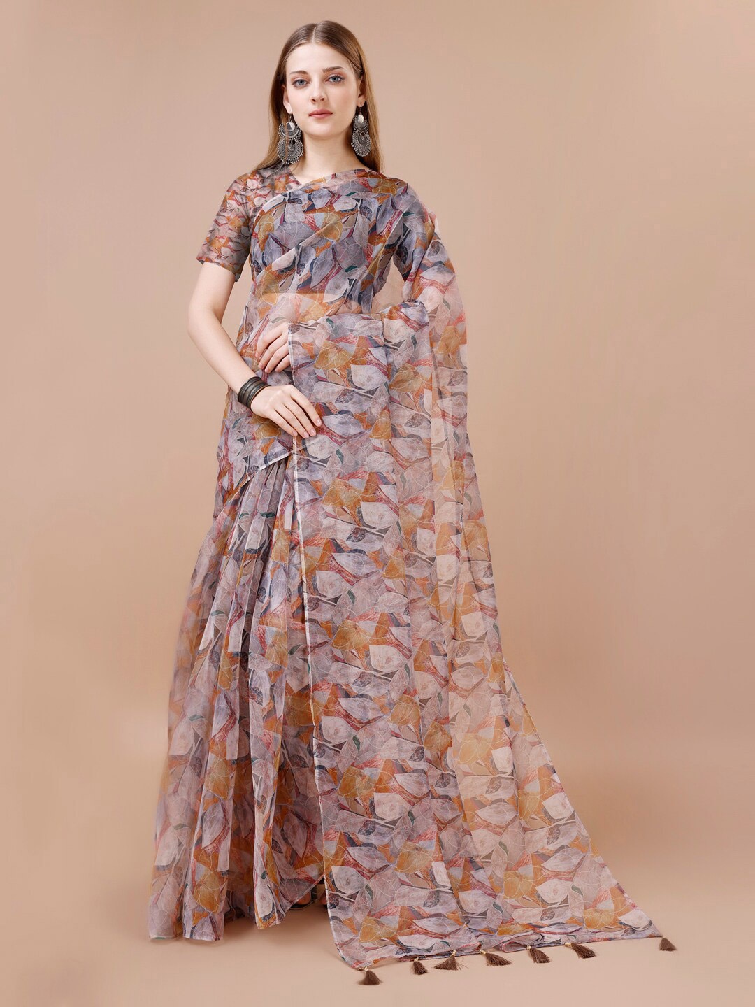 

VIRICA Floral Printed Organza Saree, Grey