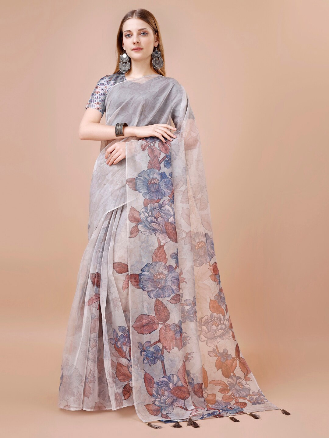 

VIRICA Floral Printed Organza Saree, Beige