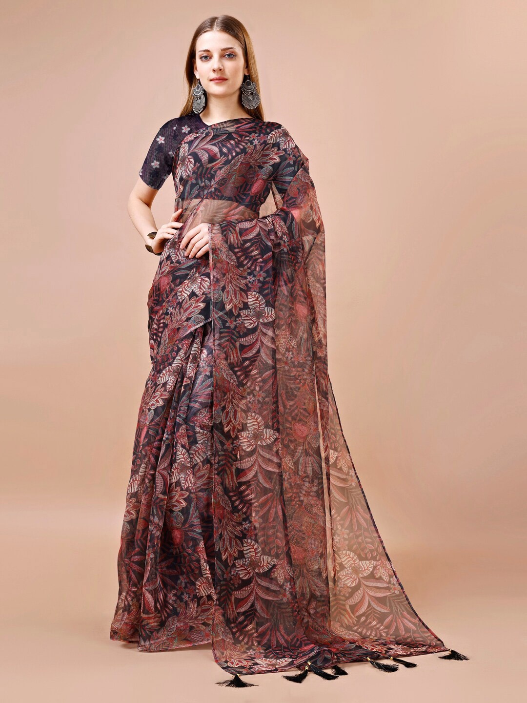 

VIRICA Floral Printed Organza Saree, Brown