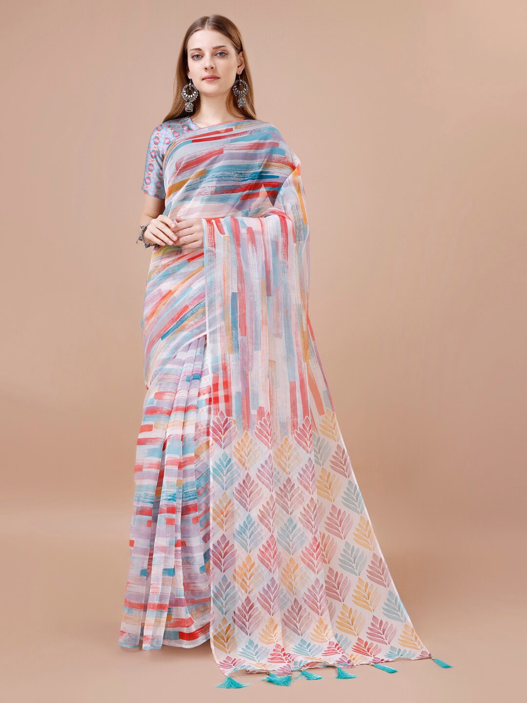 

VIRICA Abstract Printed Organza Saree, Beige