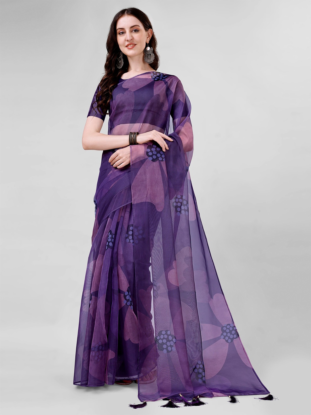 

VIRICA Floral Printed Organza Saree With Tassels, Purple