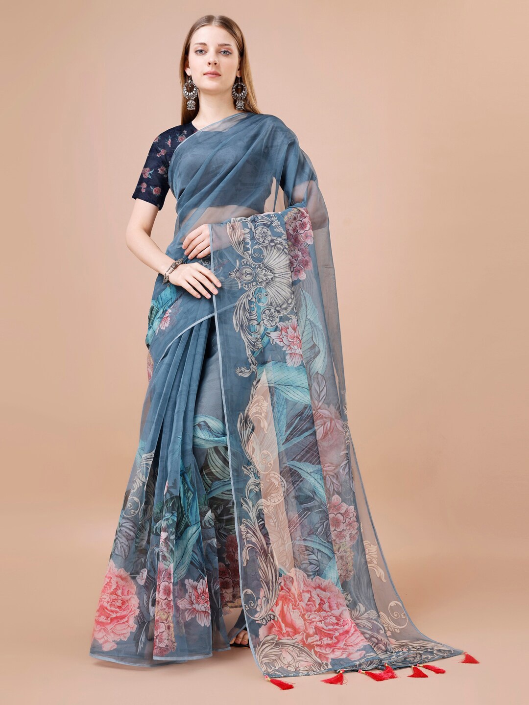 

VIRICA Floral Printed Organza Saree With Tassels, Blue