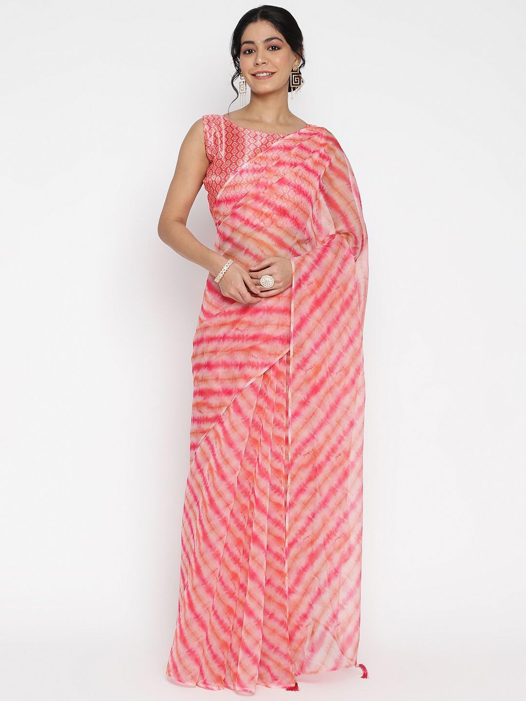 

VIRICA Striped Printed Organza Saree With Tassels, Pink