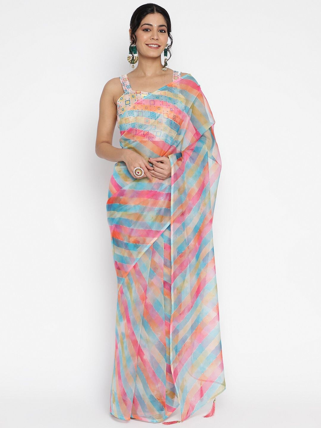 

VIRICA Striped Printed Organza Saree With Tassels, Pink