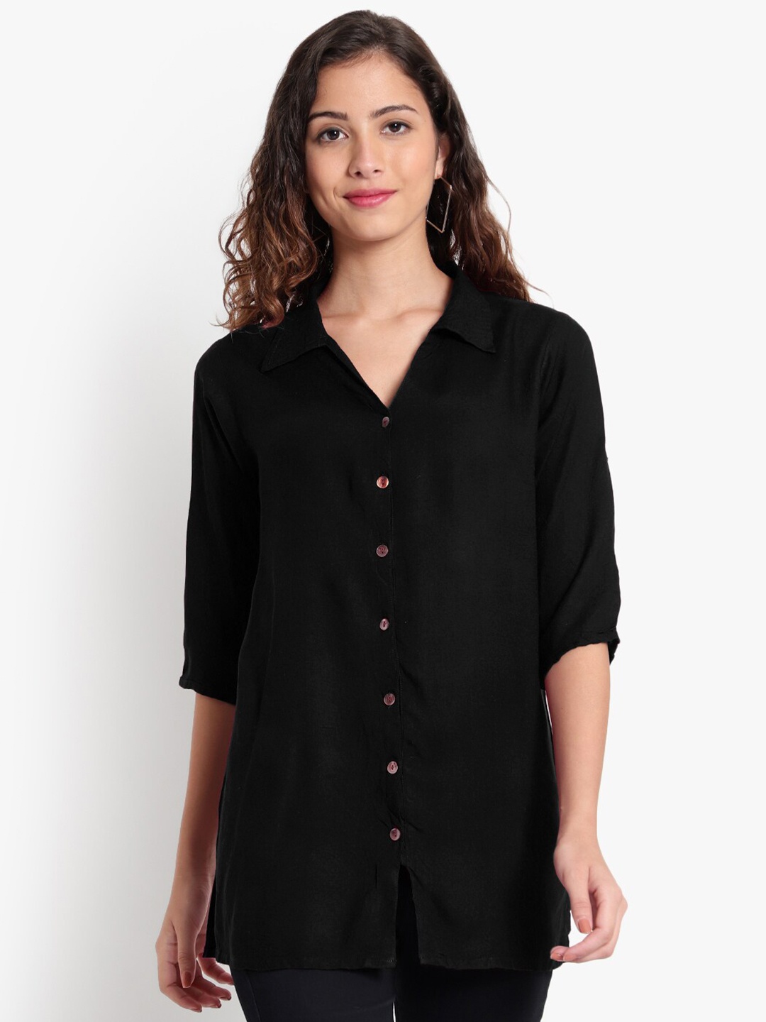 

Indietoga Classic Spread Collar Longline Casual Shirt, Black