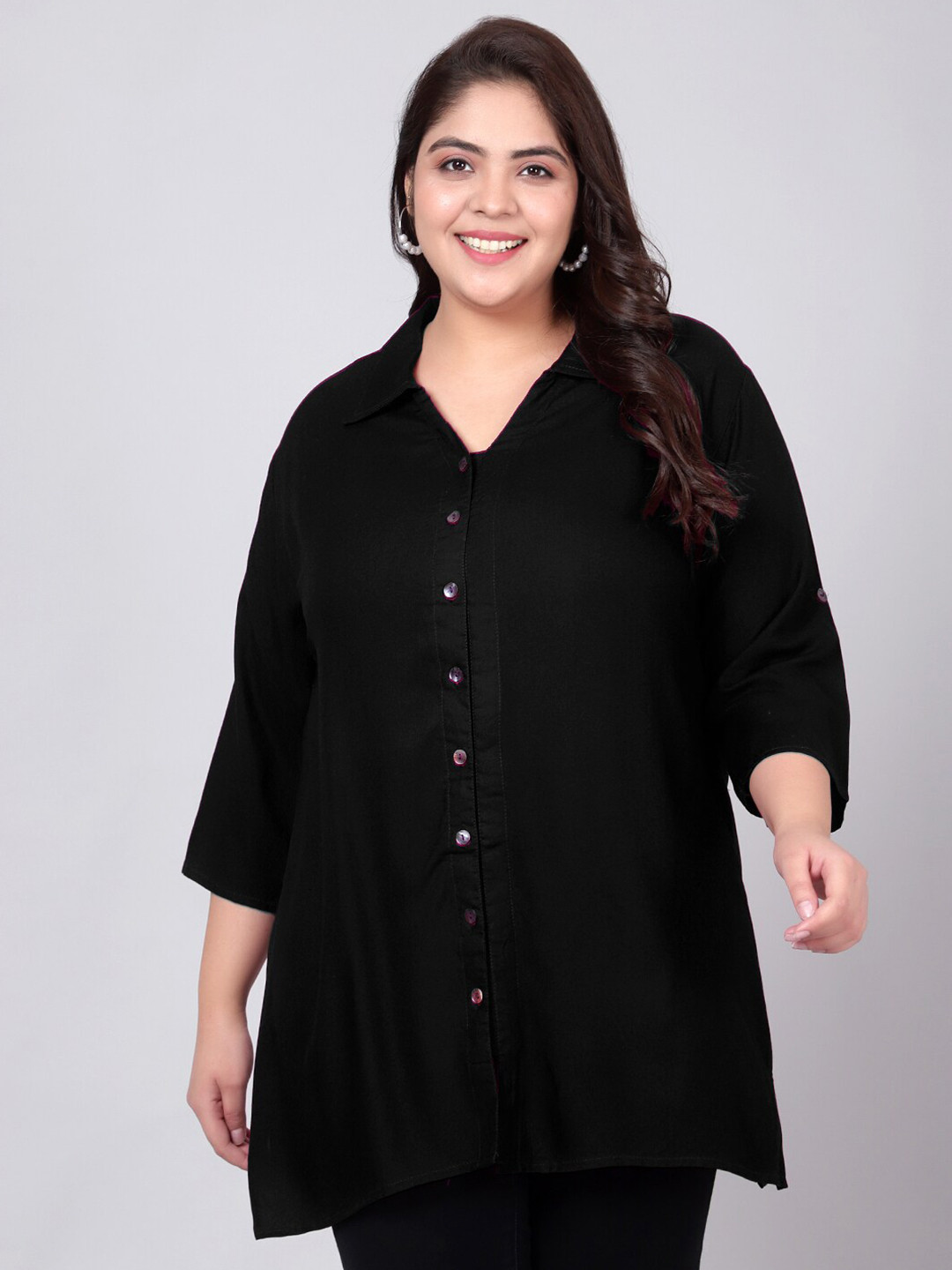 

Indietoga Plus Size Classic Spread Collar Longline Casual Shirt, Black