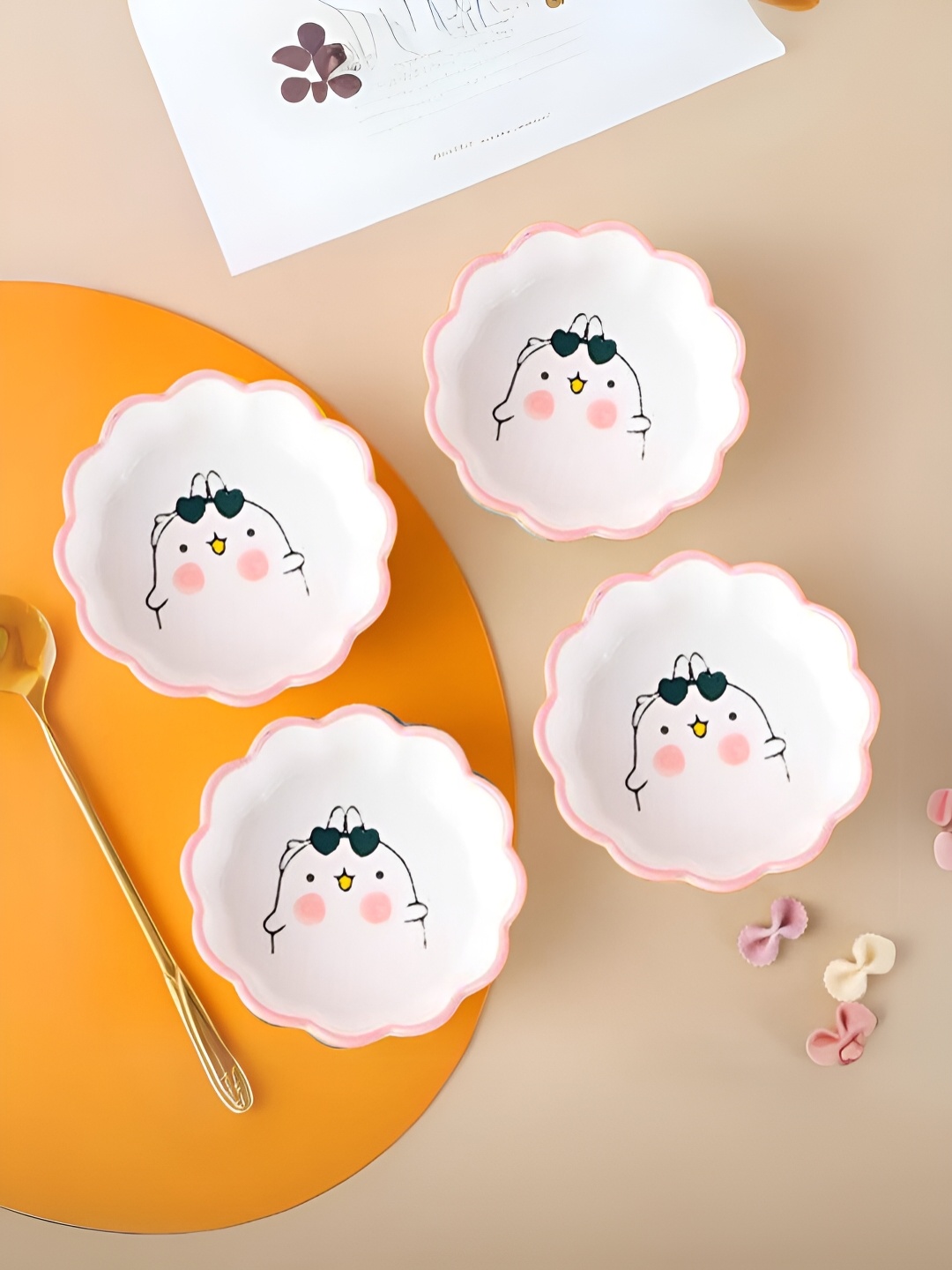 

UniKart Pink & White 10 Pieces Printed Porcelain Glossy Bowls