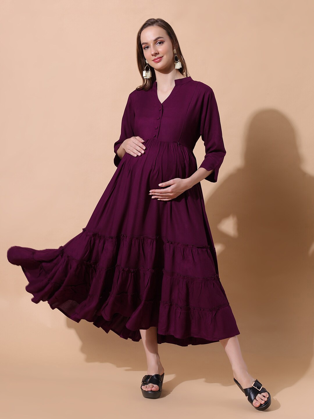 

Aanyor Mandarin Collar Tiered Detail Maternity Fit and Flare Midi Dress, Purple