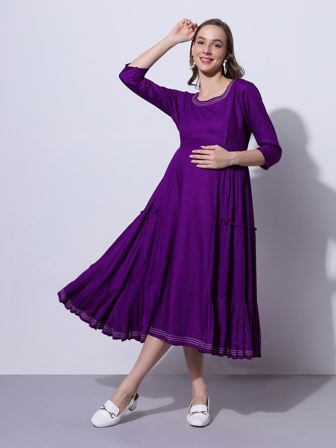 

Aanyor Gathered & Tiered Detail Maternity Fit & Flare Midi Dress, Purple