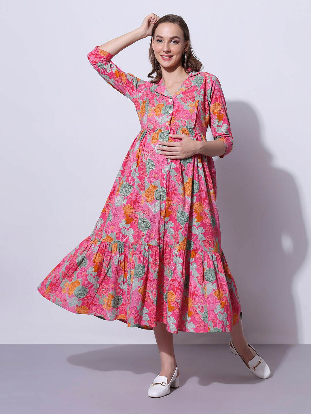 

Aanyor Floral Printed Tiered Detail Pure Cotton Maternity Fit and Flare Midi Dress, Pink