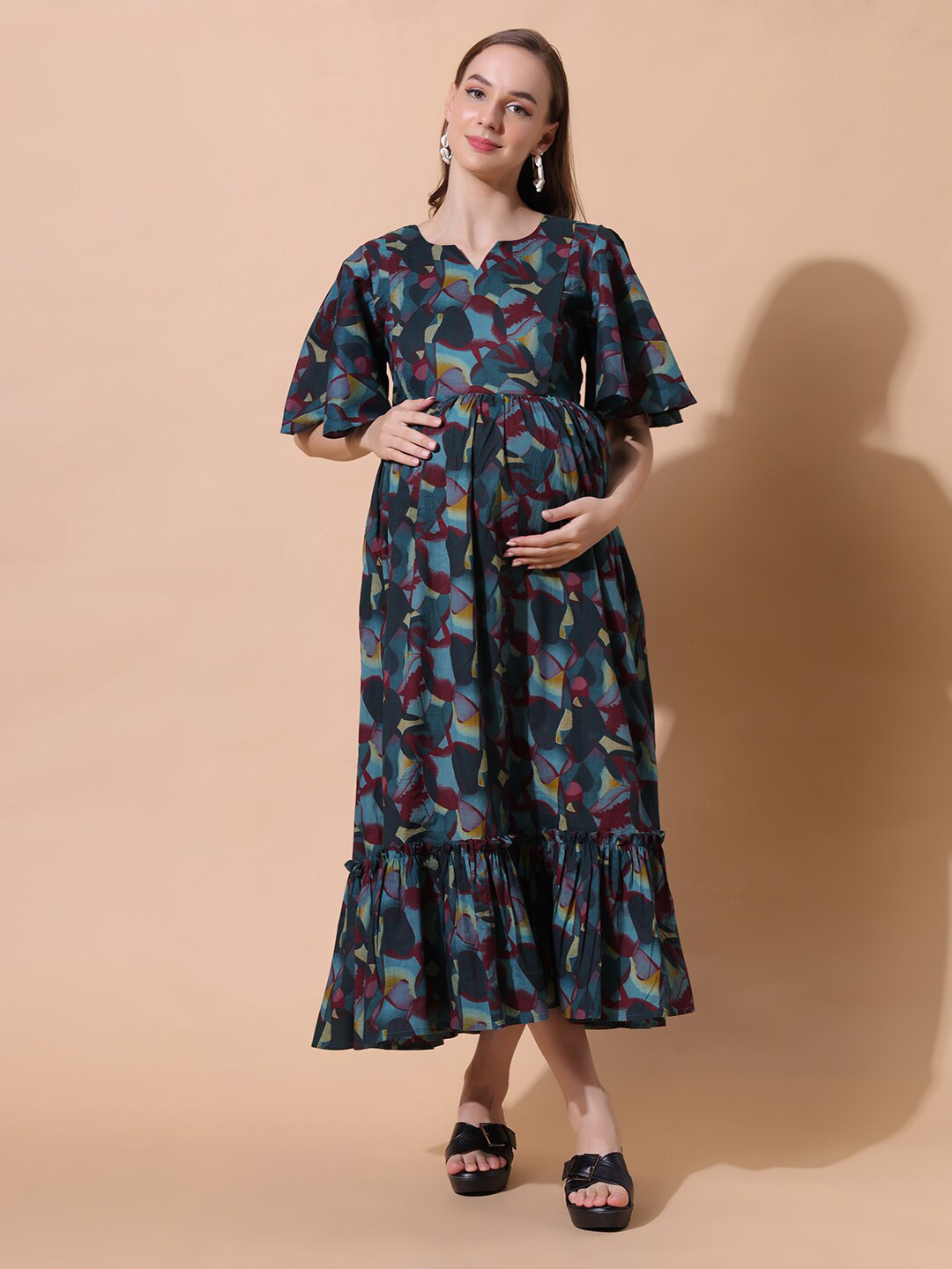 

Aanyor Floral Printed Flared Sleeves Pure Cotton Maternity Fit and Flare Midi Dress, Blue