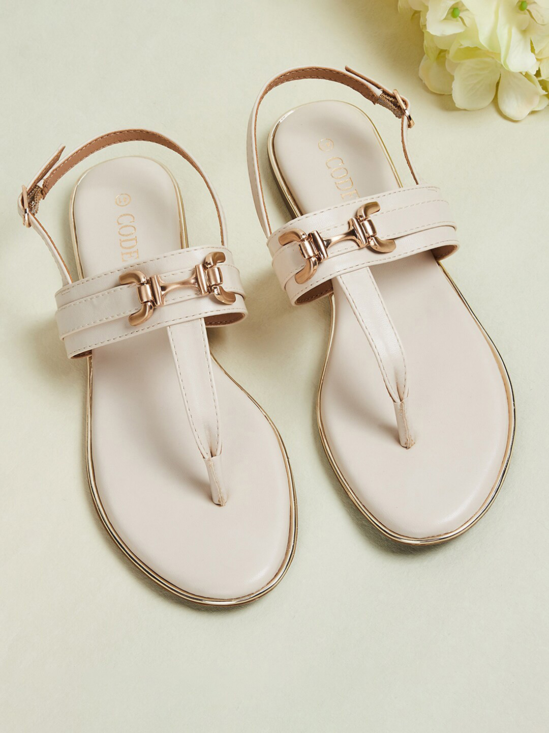 

CODE by Lifestyle Buckle Detailed T-Strap Flats, Beige