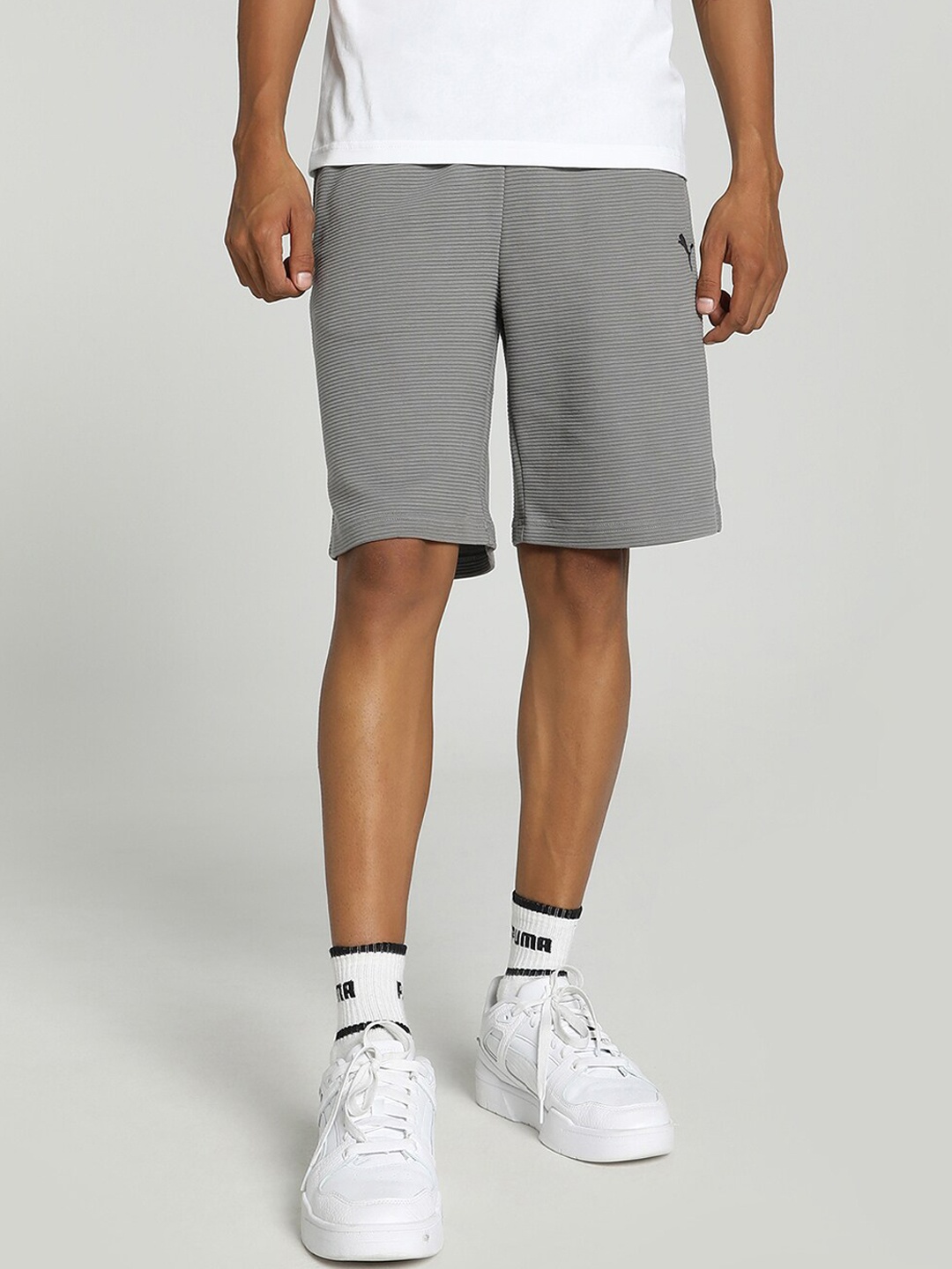 

Puma Ottoman Men Regular Fit Self-Striped Cotton Mid-Rise Sports Shorts, Grey