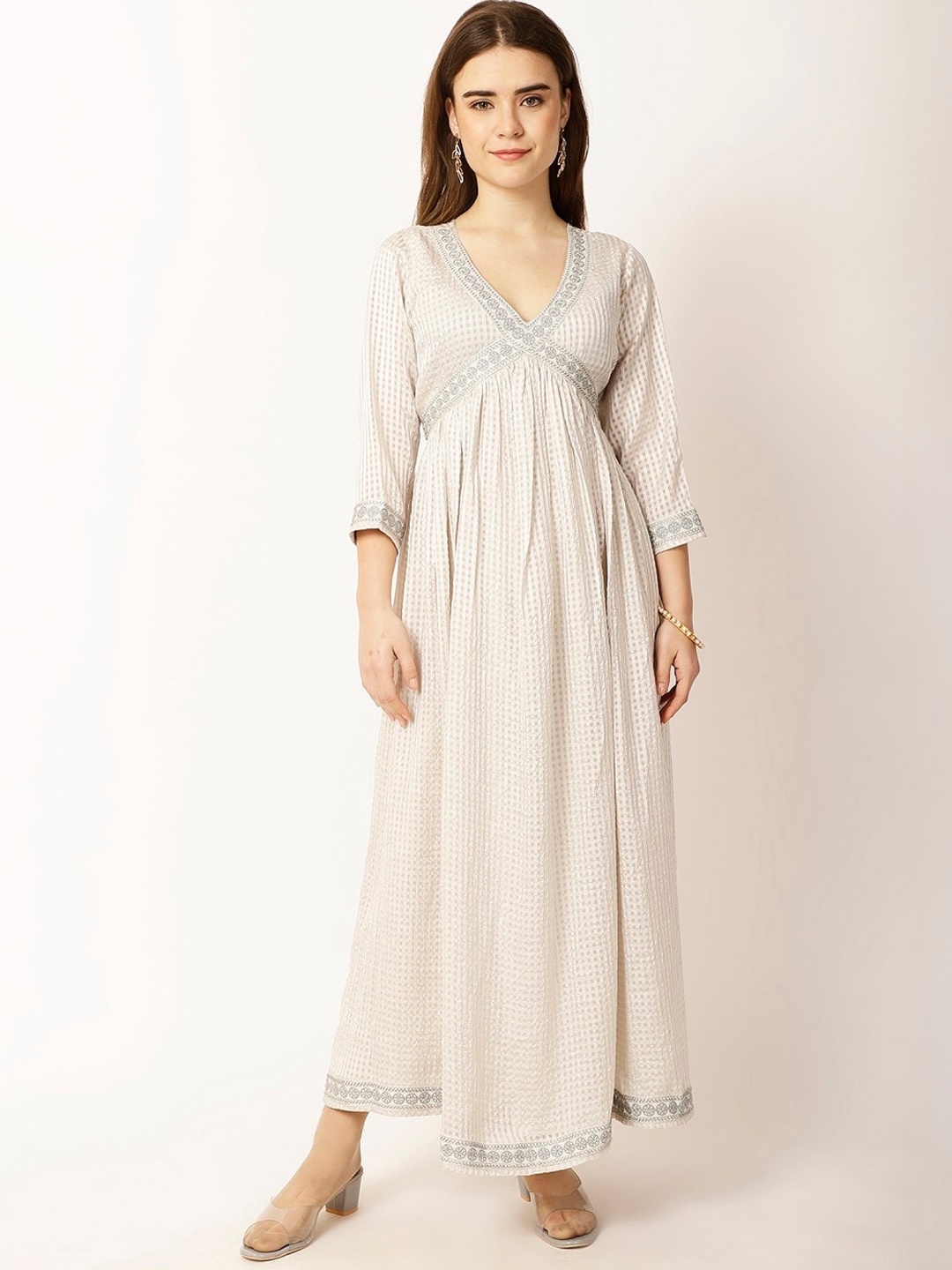 

Rue Collection Checked Printed Sequinned Georgette Empire A-Line Kurta, Green