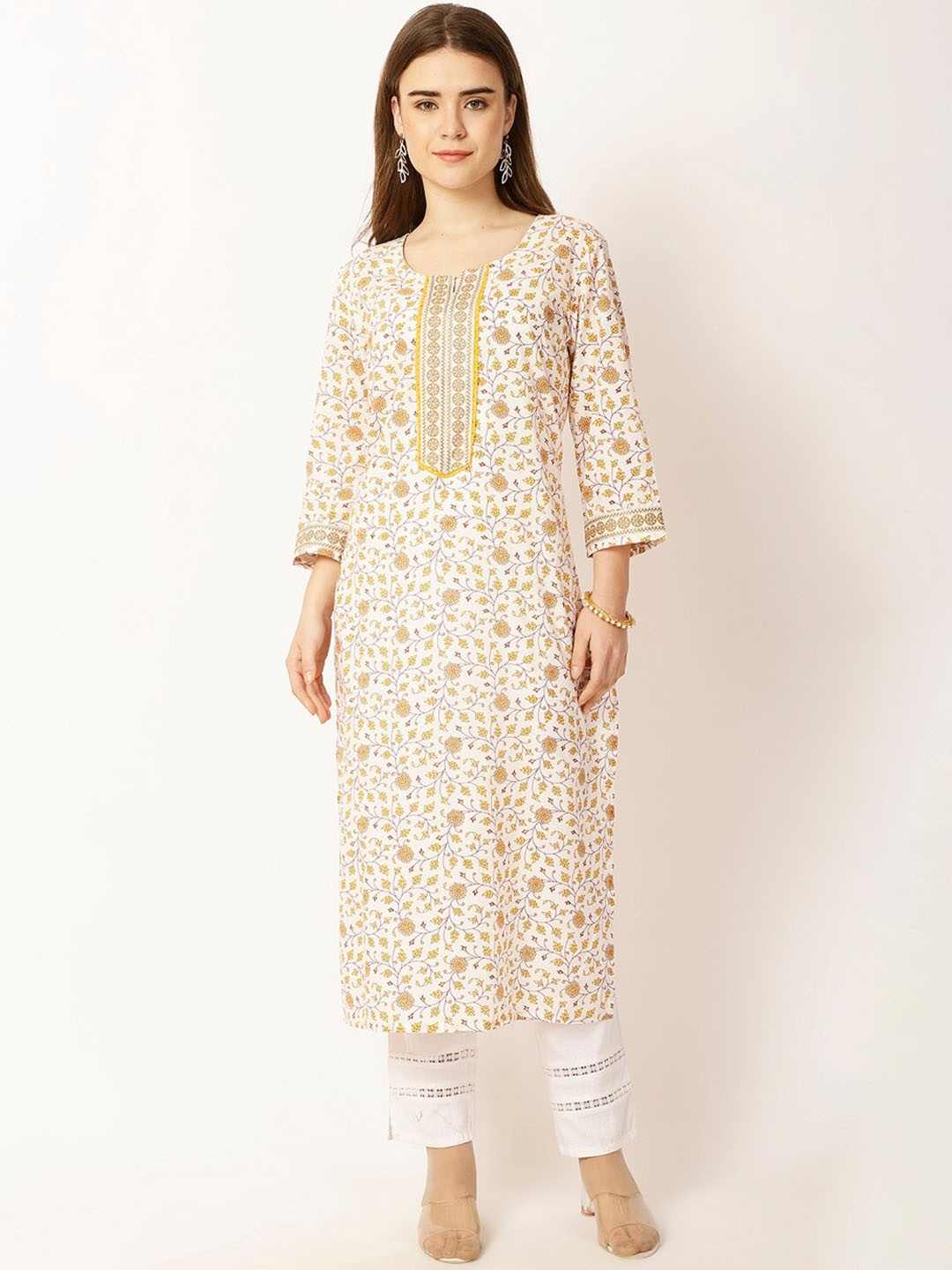 

Rue Collection Floral Embroidered Round Neck Thread Work Kurta, Off white