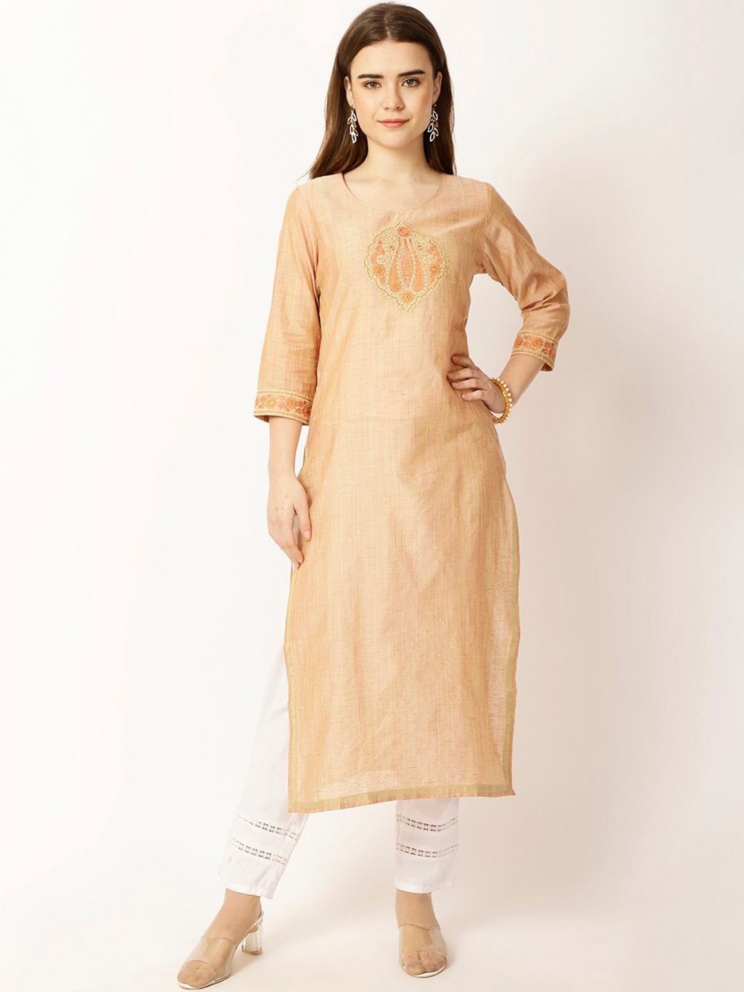 

Rue Collection Floral Woven Design Round Neck Thread Work Cotton Kurta, Beige
