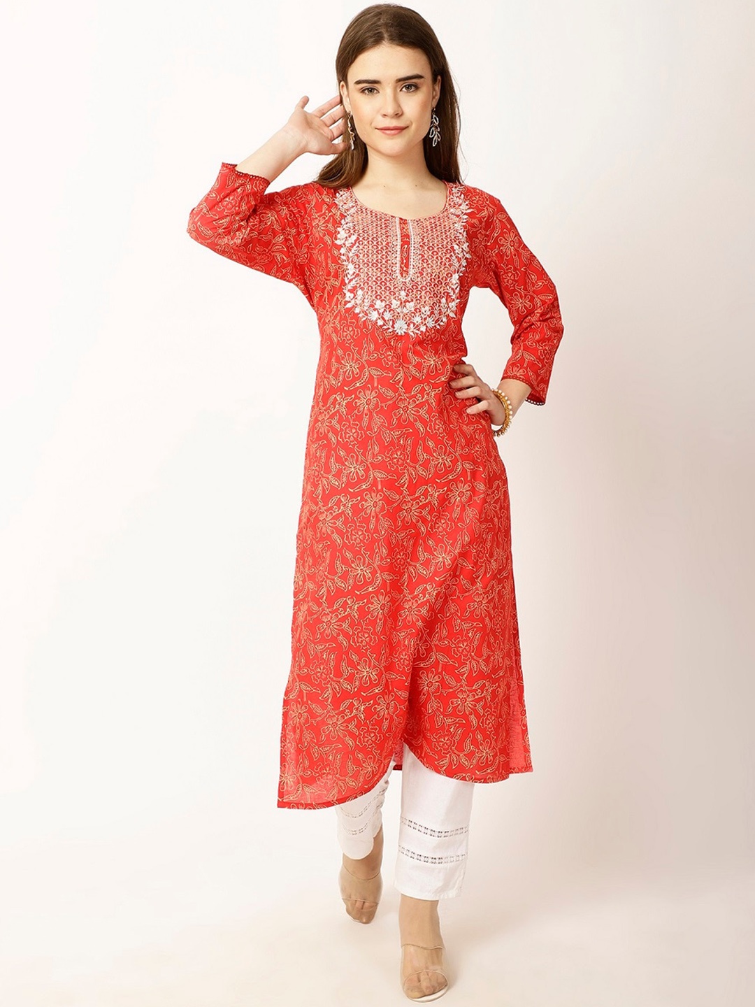 

Rue Collection Floral Printed Mirror Work Straight Cotton Kurta, Red