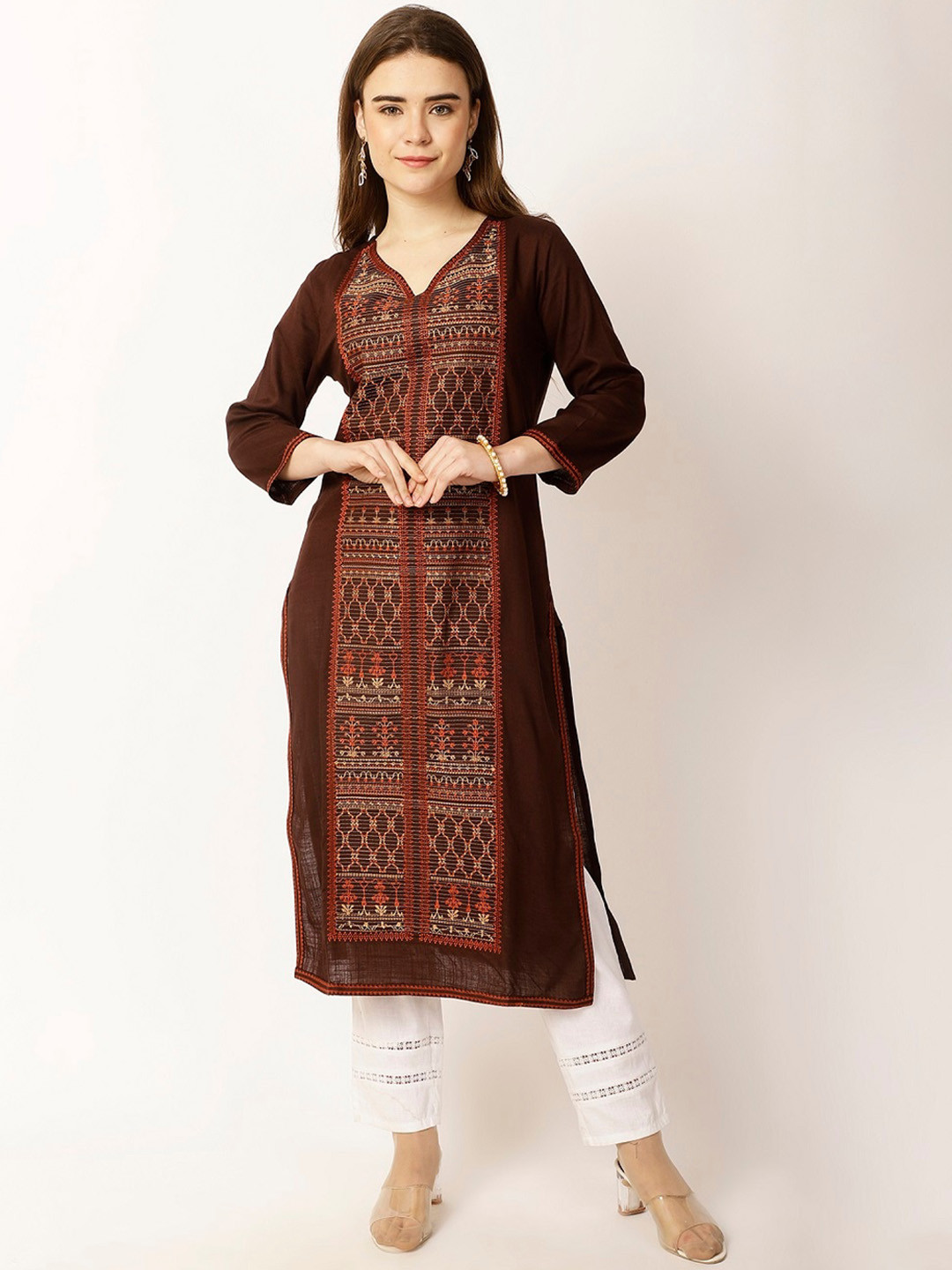

Rue Collection Geometric Embroidered V-Neck Thread Work Kurta, Coffee brown