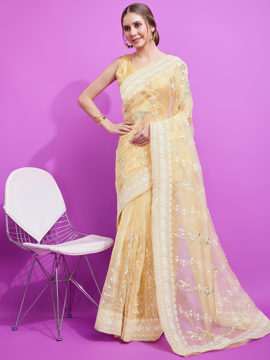 

Anouk Floral Embroidered Saree, Cream