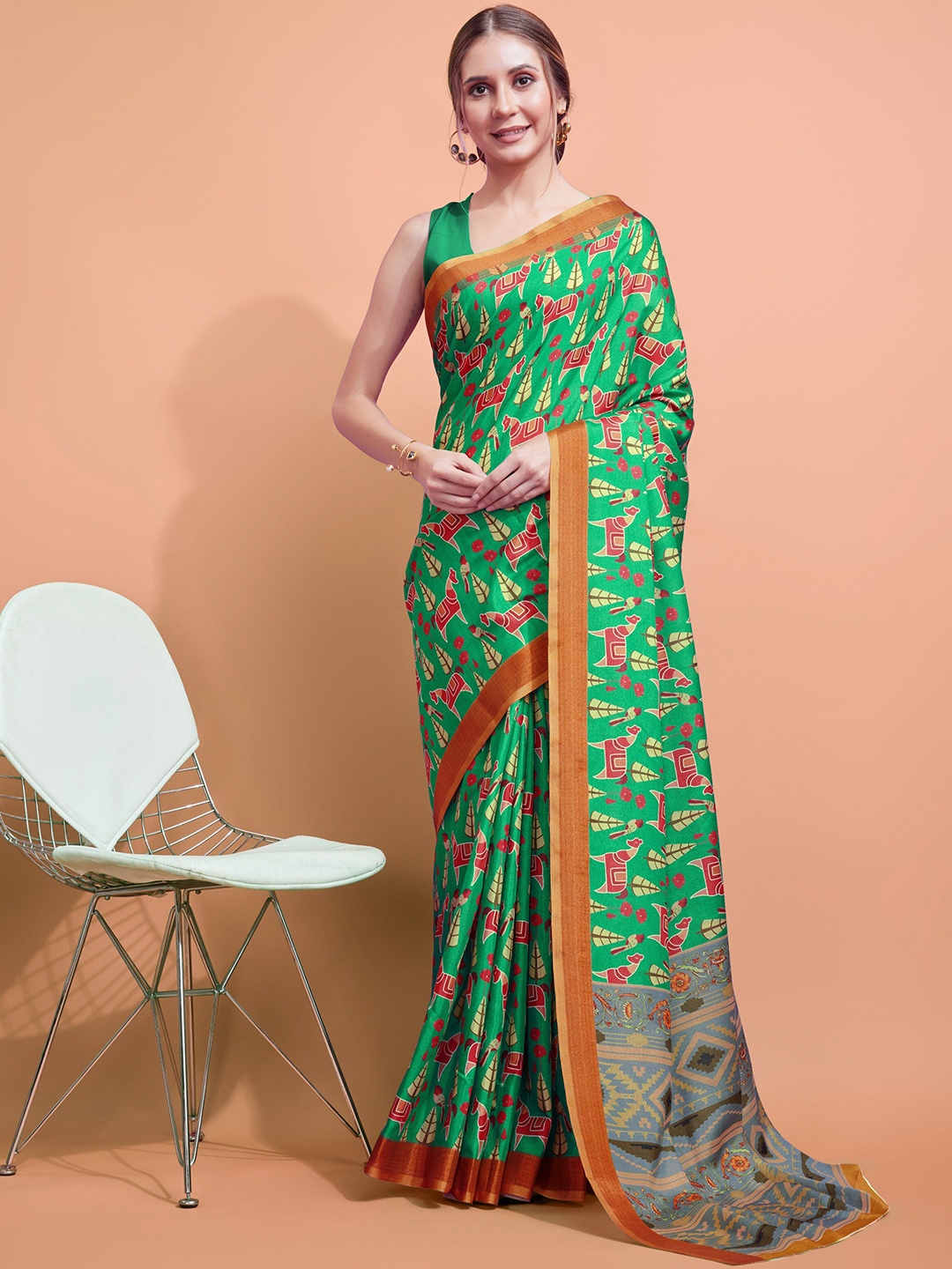 

Anouk Geometric Printed Silk Cotton Saree, Green