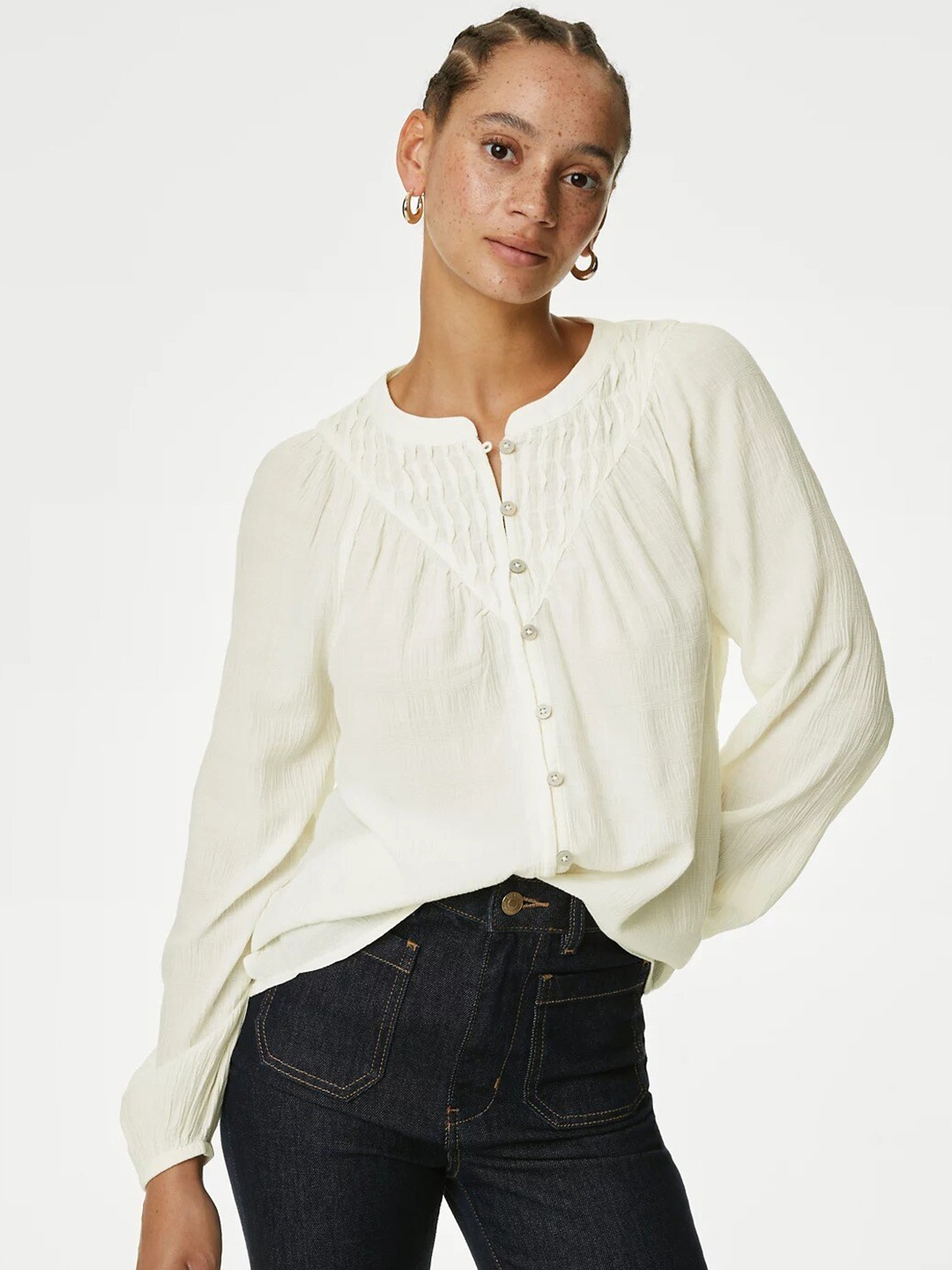 

Marks & Spencer Mandarin Collar Shirt Style Top, White