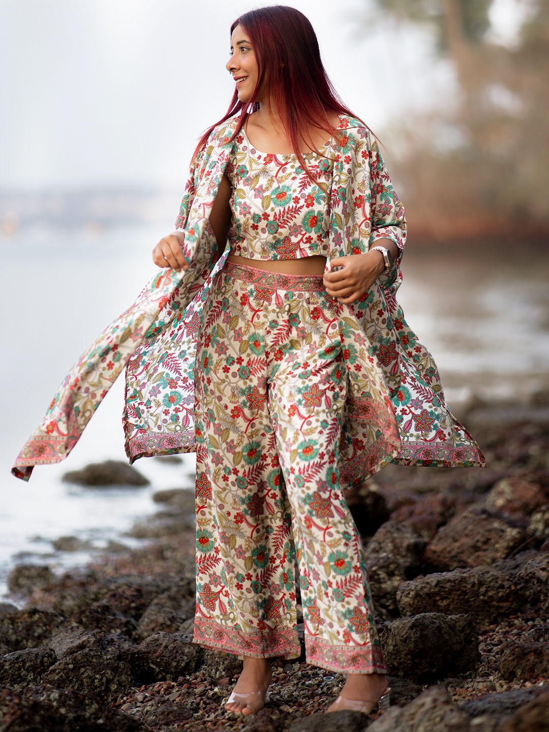 

Libas Floral Print Sleeveless Wide Leg Co-ords With Shrug, Off white
