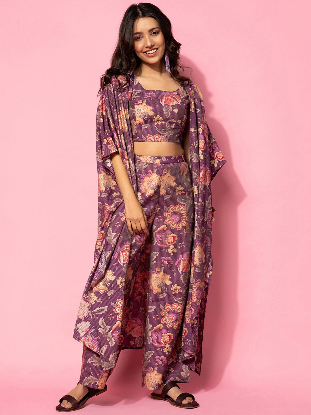 

Libas Women Printed Crop Top With Palazzo & Shrug, Burgundy