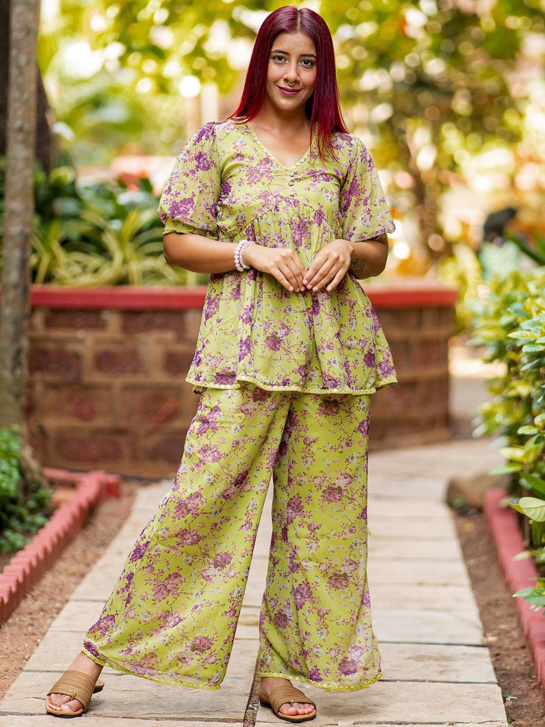

Libas Floral Print V-Neck Peplum Georgette Co-Ords, Green