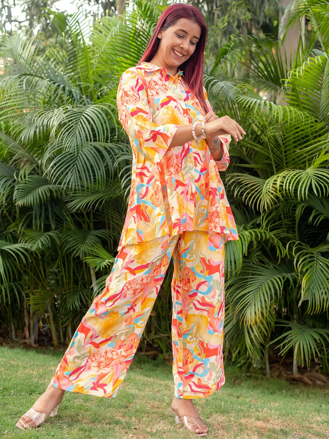 

Libas Abstract Printed A-Line Shirt & Palazzo Set, Orange