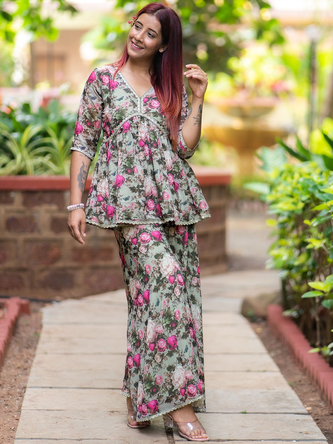 

Libas Floral Printed Pleated Gotta Patti Kurta with Palazzos, Grey