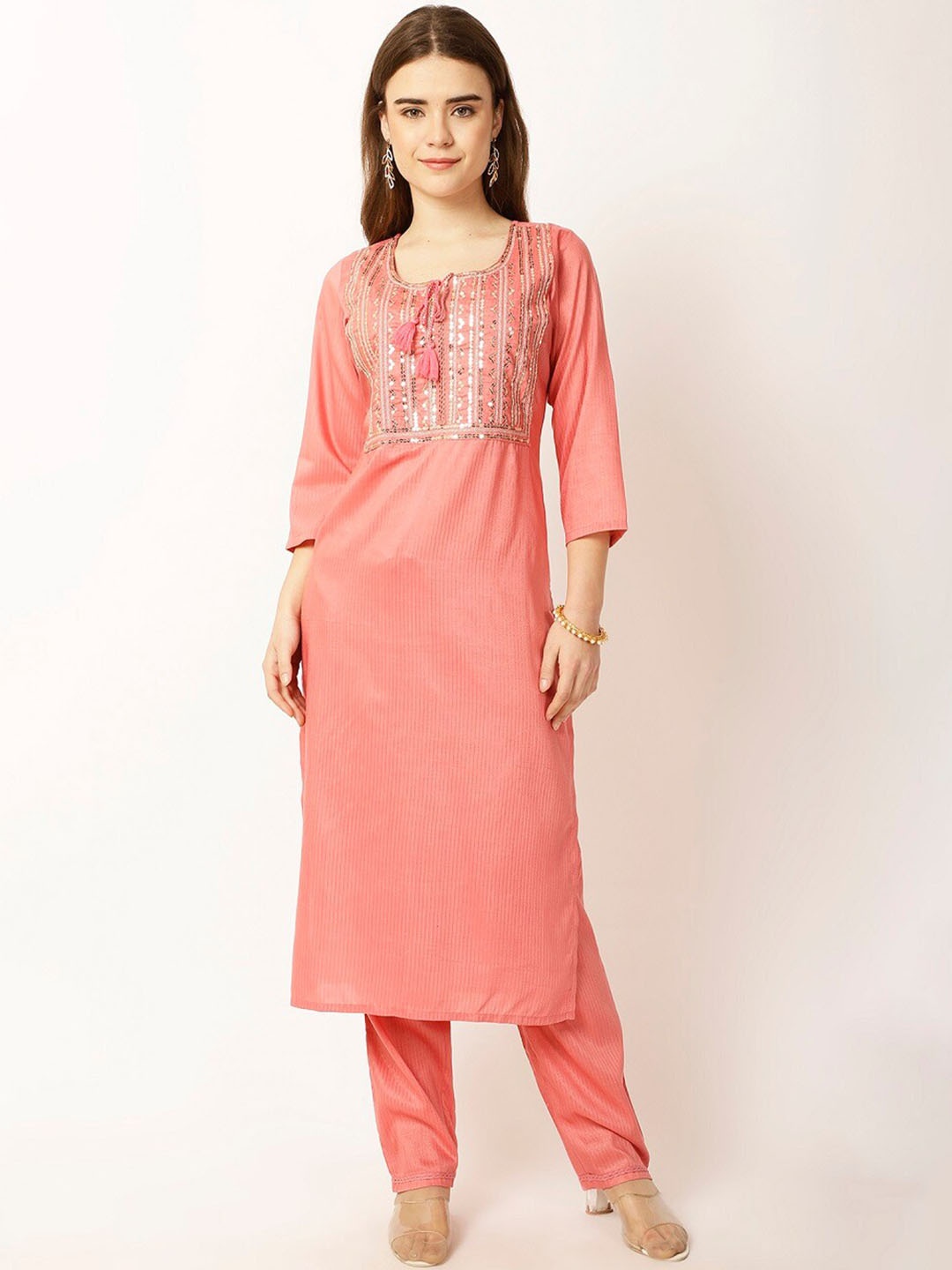 

Rue Collection Floral Yoke Design Regular Sequinned Kurta with Trousers, Pink