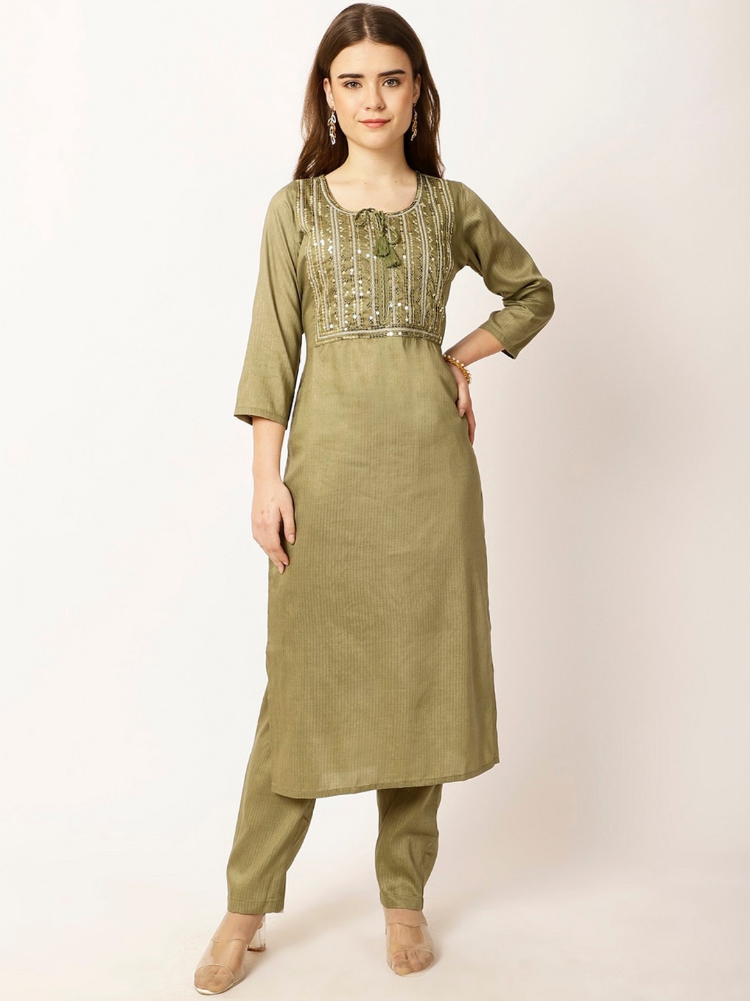 

Rue Collection Floral Yoke Design Regular Sequinned Kurta with Trousers, Olive