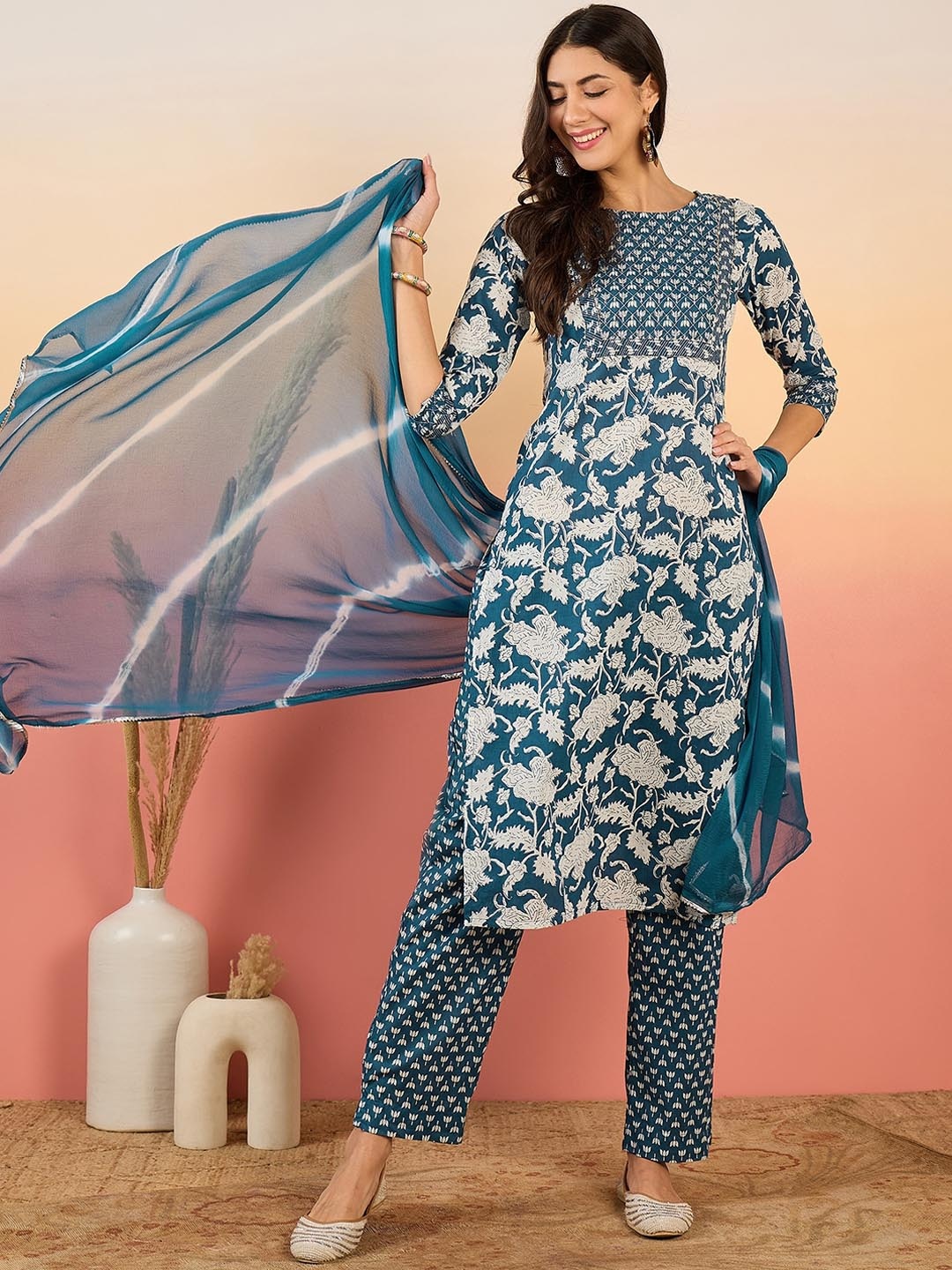 

Sangria Floral Printed Gotta Patti Pure Cotton Kurta with Trousers & Dupatta, Teal