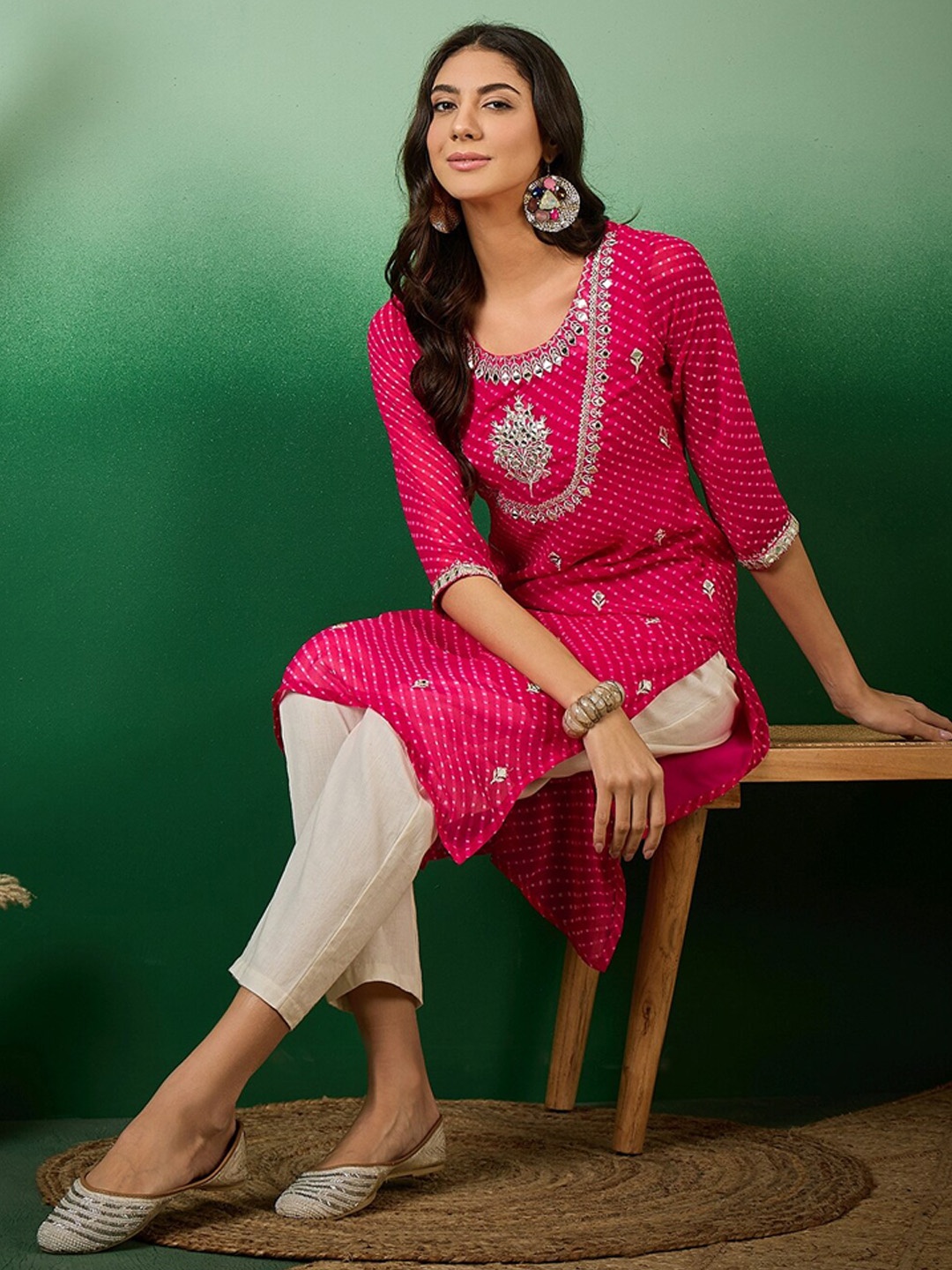 

Sangria Leheriya Mirror Work Embroidered Georgette Straight Kurta, Pink
