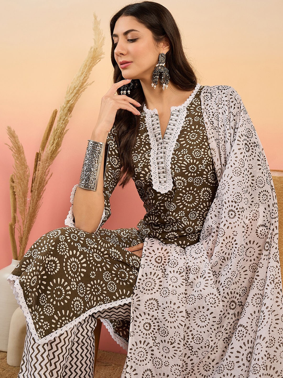 

Sangria Ethnic Motifs Printed Lace Inserts Pure Cotton Kurta with Trousers & Dupatta, Brown