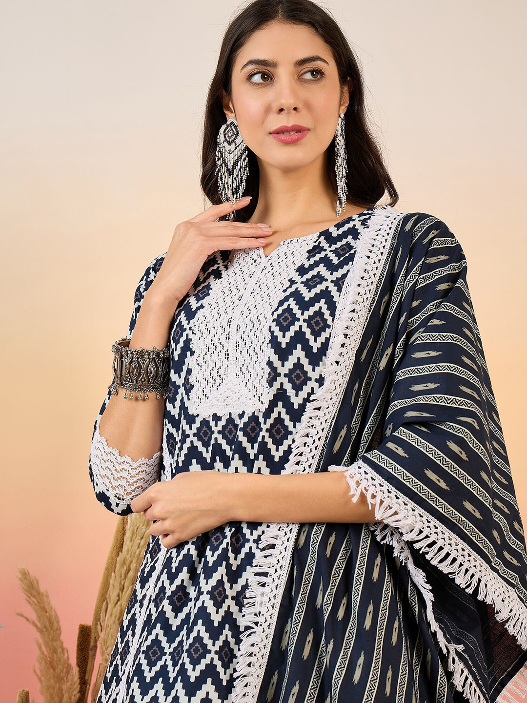 

Sangria Ethnic Motifs Printed Panelled Pure Cotton Kurta with Palazzos & Dupatta, Navy blue