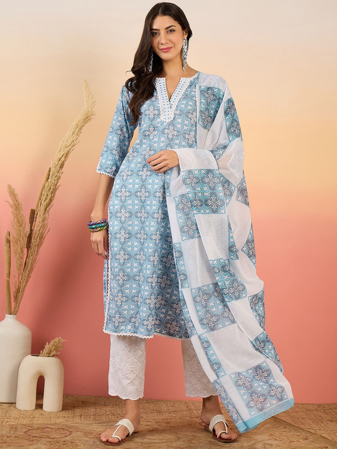 

Sangria Ethnic Motifs Printed Pure Cotton Kurta with Trousers & Dupatta, Blue
