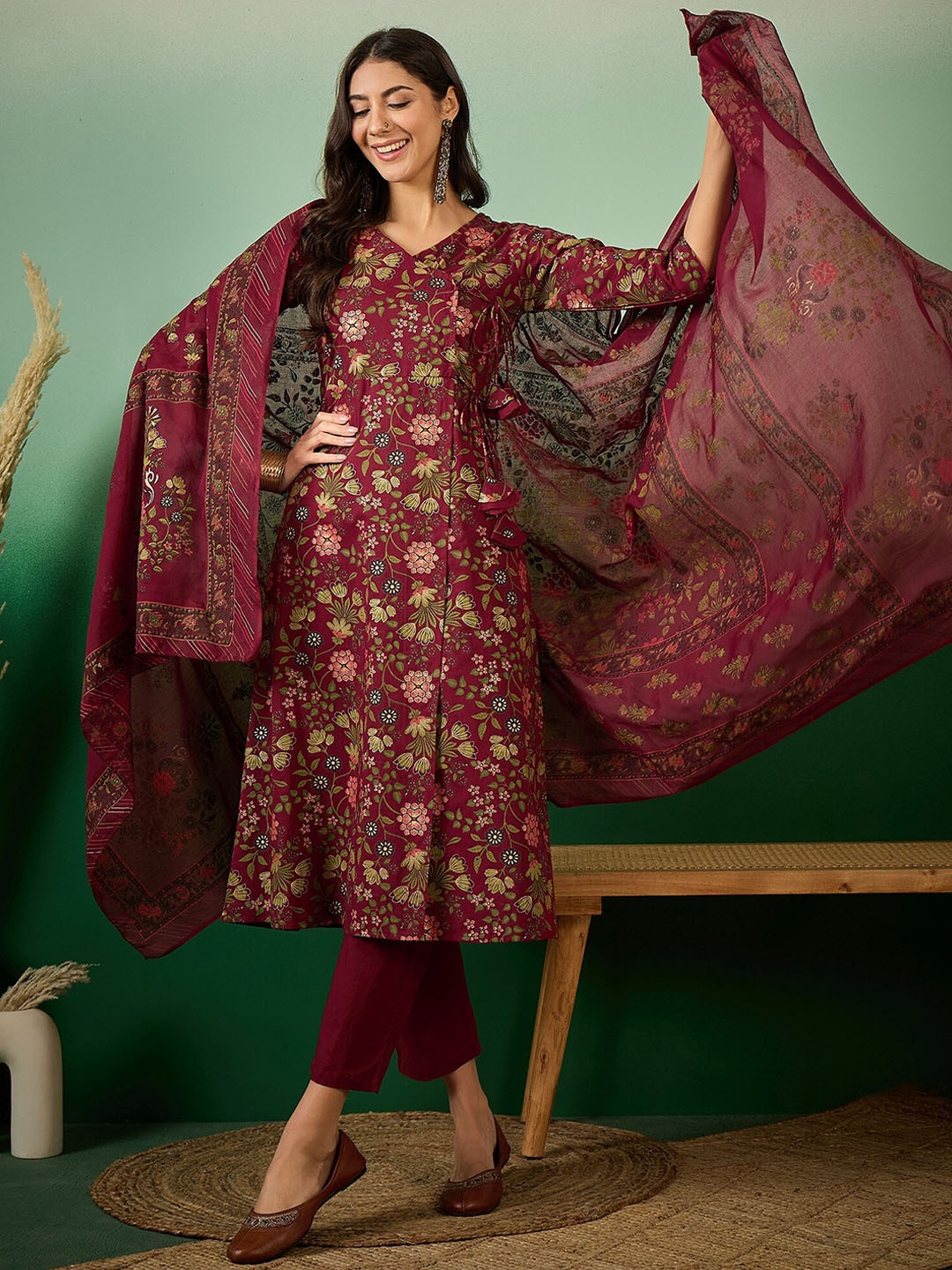 

Sangria Floral Printed Angrakha Pure Cotton Kurta with Trousers & Dupatta, Maroon