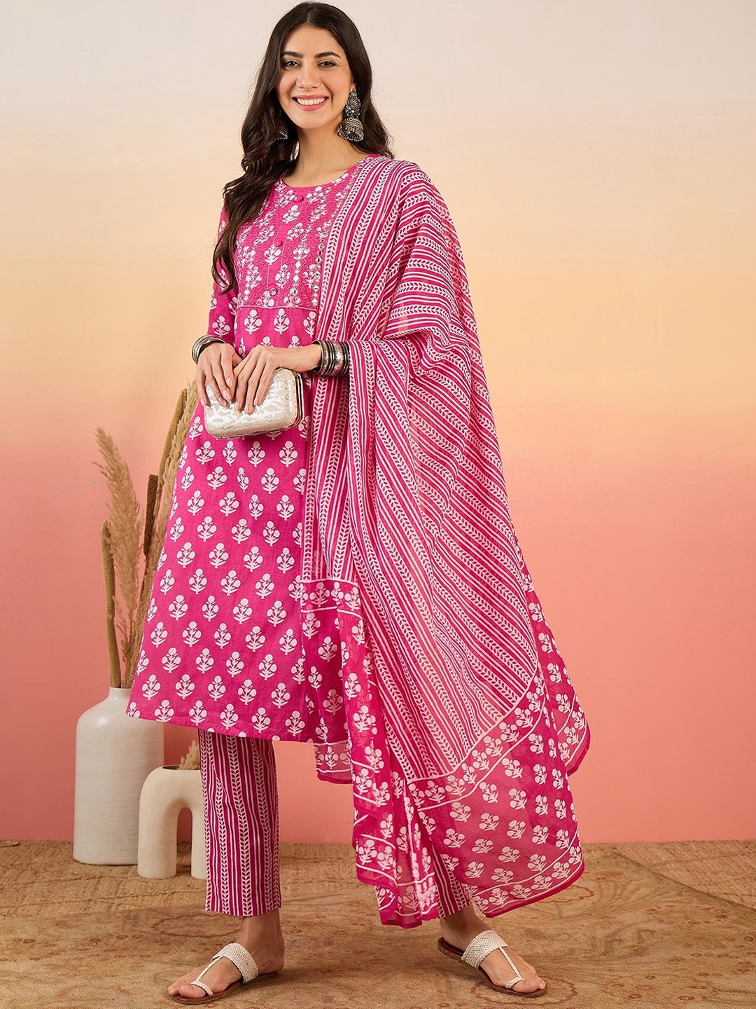 

Sangria Floral Printed Mirror Work Pure Cotton Kurta with Trousers & Dupatta, Pink