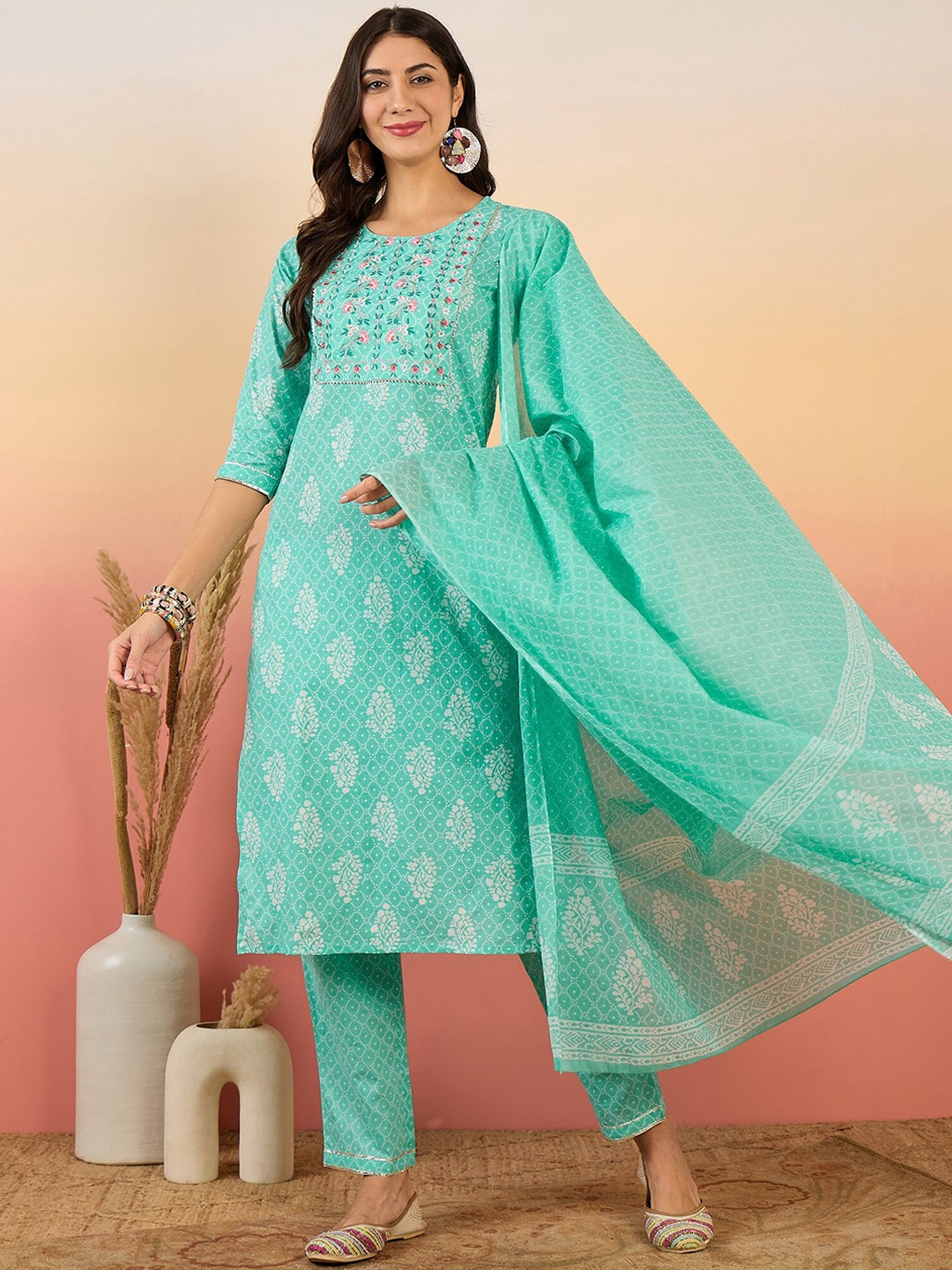 

Sangria Ethnic Motifs Printed Gotta Patti Pure Cotton Kurta with Trousers & Dupatta, Turquoise blue