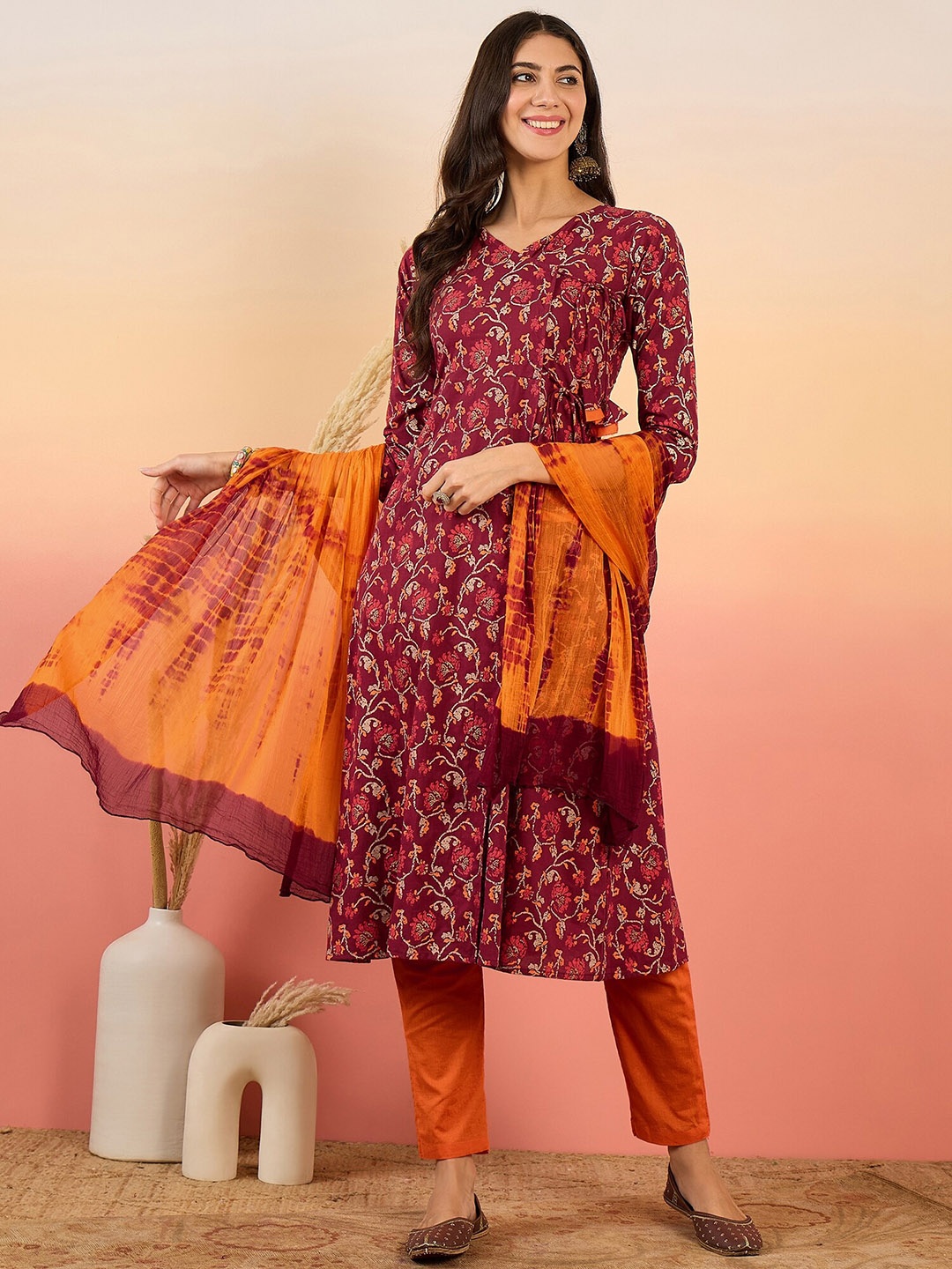 

Sangria Floral Printed Angrakha Pure Cotton A-Line Kurta with Trousers & Dupatta, Maroon