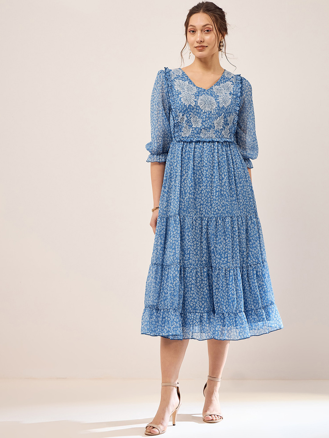 

Antheaa Floral Printed Embroidered Puff Sleeve Chiffon Fit & Flare Tiered Midi Dress, Blue