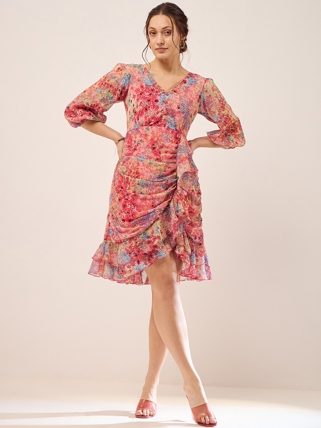 

Antheaa Peach Floral Print V-Neck Puff Sleeve Layered Chiffon Wrap Dress