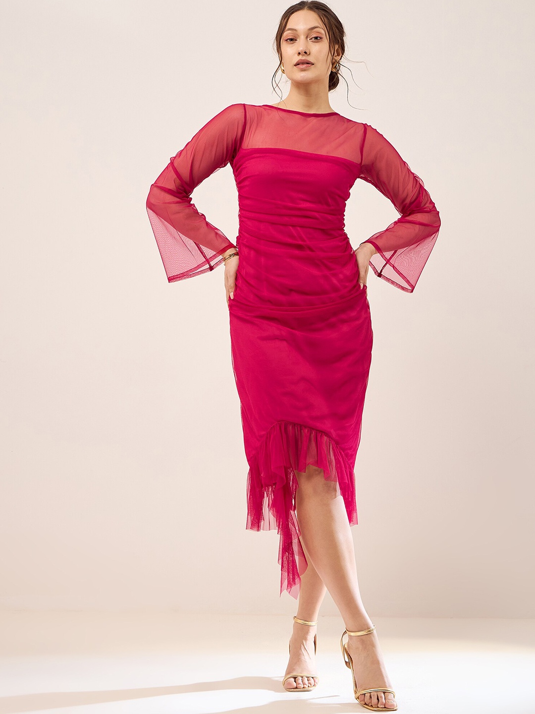

Antheaa Fuchsia Bell Sleeve Layered Net Sheath Midi Dress, Pink