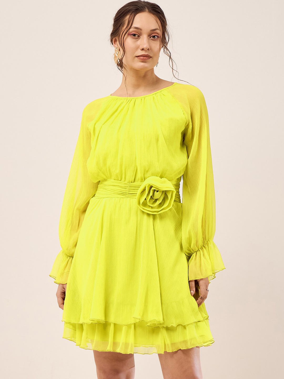 

Antheaa Lime Green Cuff Sleeve Chiffon Fit & Flare Dress