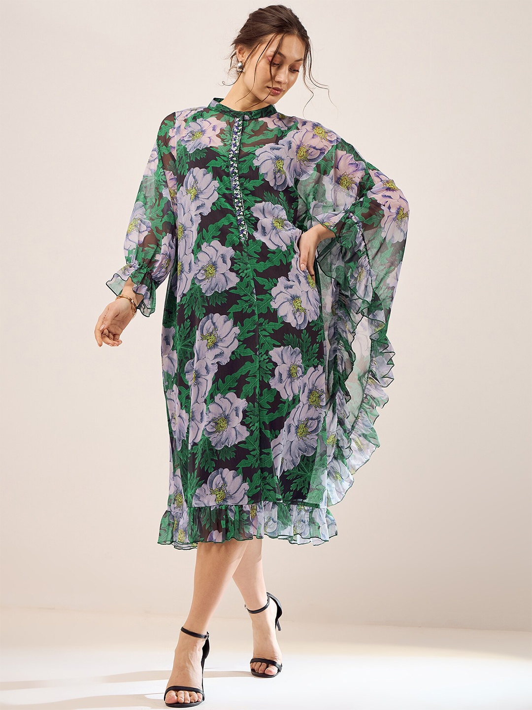 

Antheaa Green Floral Print Flared Sleeve Chiffon A-Line Midi Dress