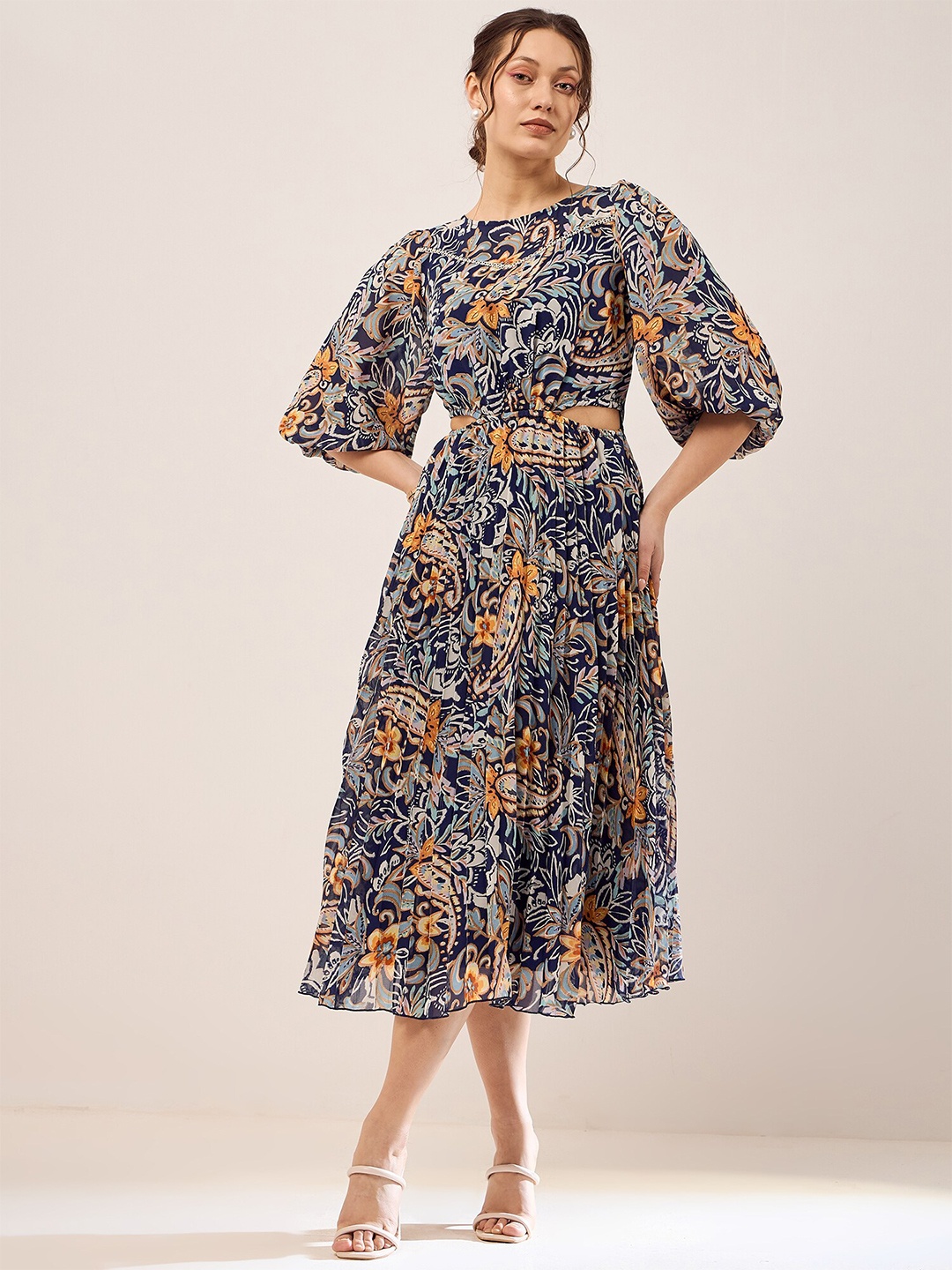 

Antheaa Floral Printed Fit & Flare Midi Dress, Blue