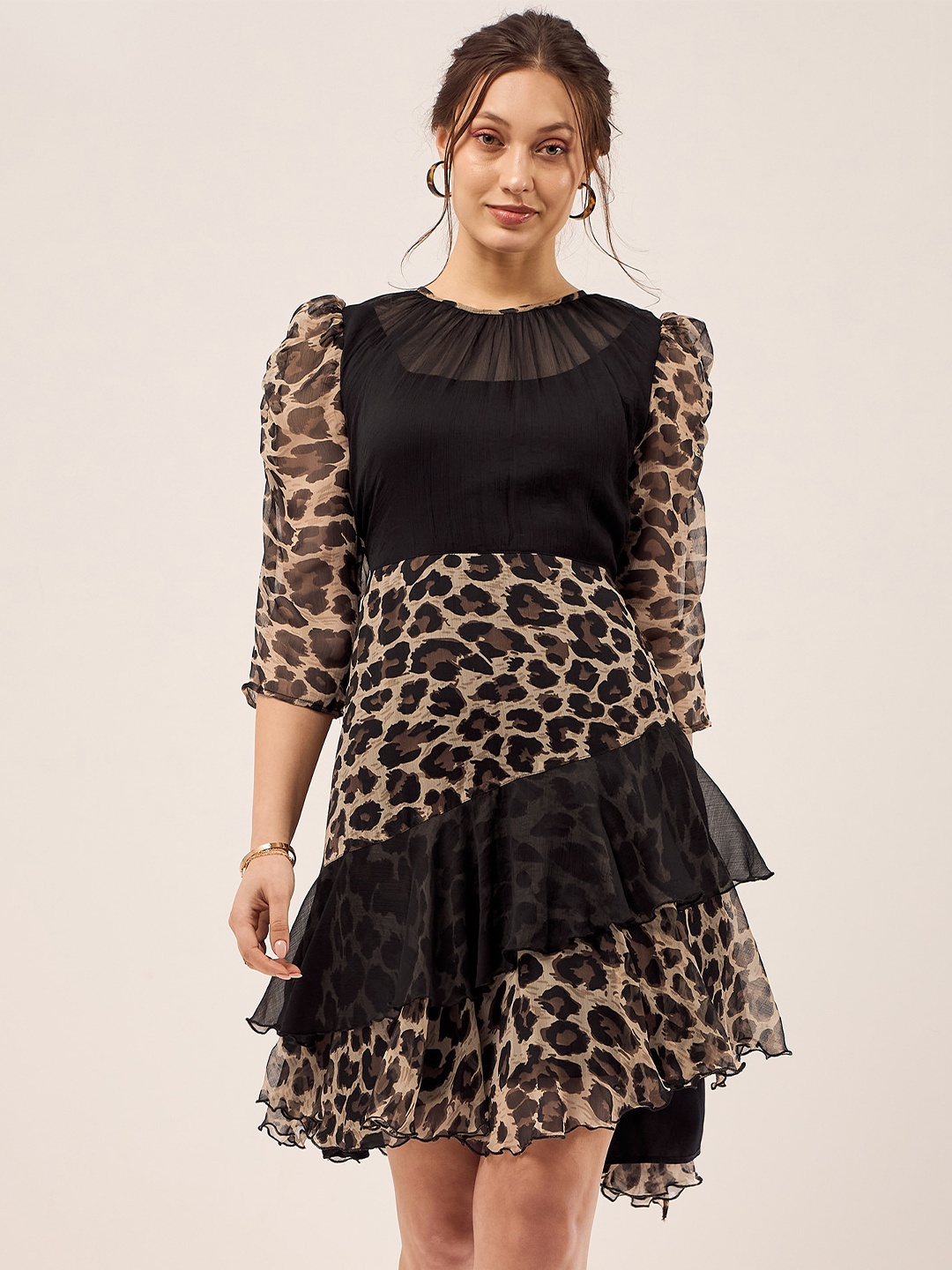 

Antheaa Animal Printed Chiffon Frilled A-Line Dress, Black