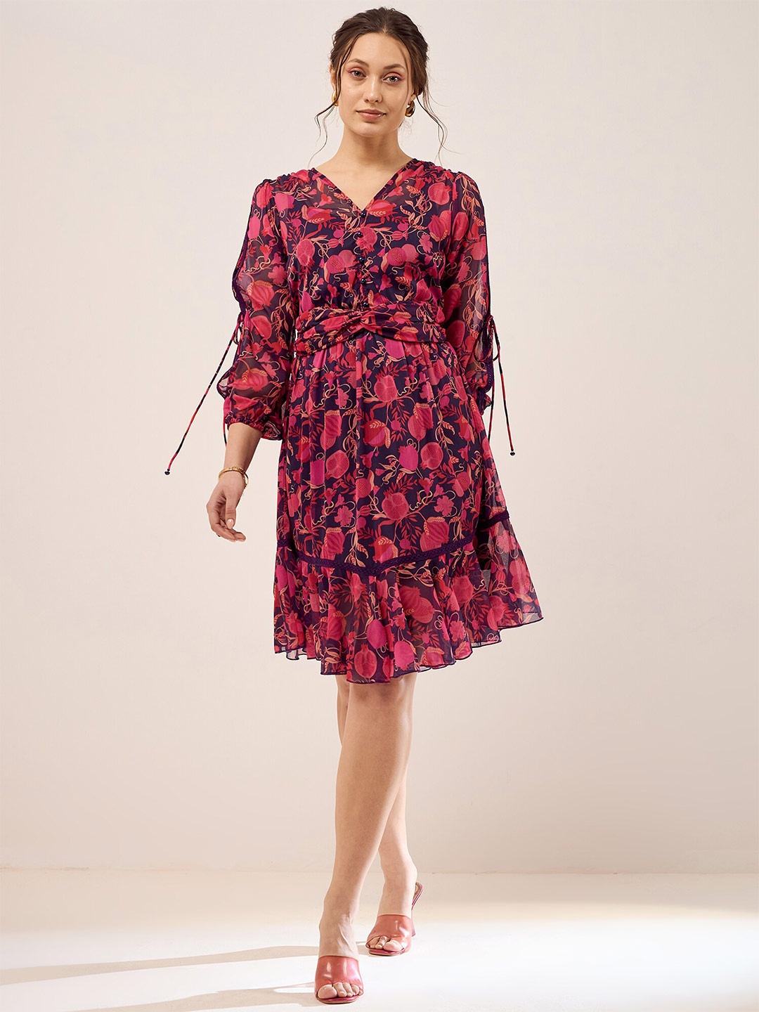 

Antheaa Floral Printed V-Neck Puff Sleeves Gathered Chiffon Fit & Flare Dress, Pink