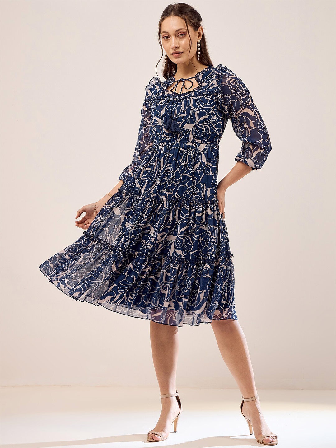 

Antheaa Blue Floral Print Tie-Up Neck Cuffed Sleeves Chiffon Fit & Flare Dress